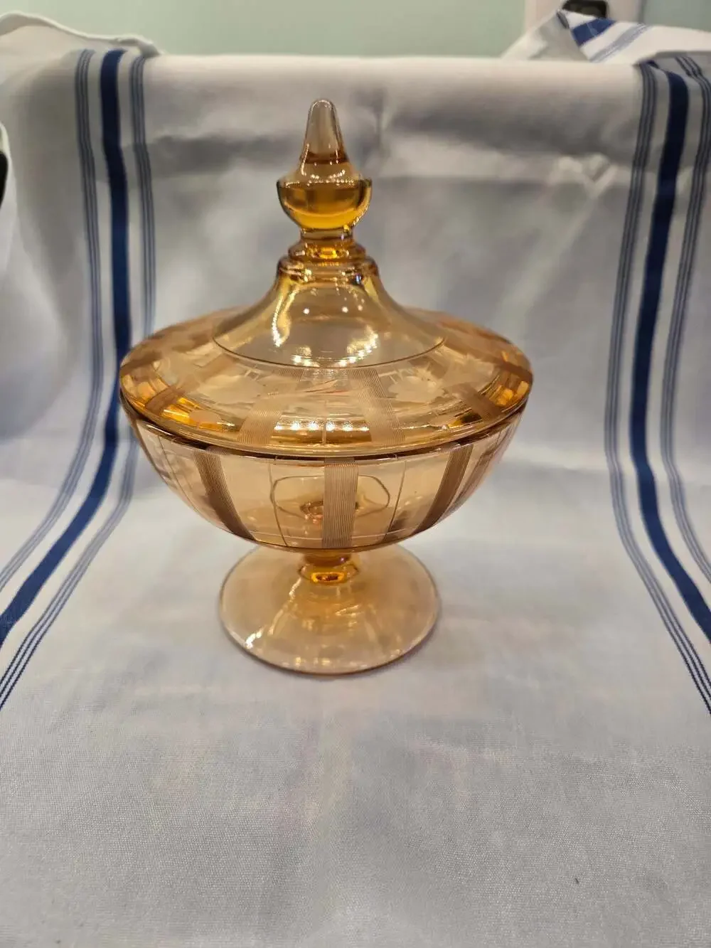 Fenton Grecian Gold Etched Glass Covered Pedestal Candy Dish